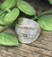 Load image into Gallery viewer, Stunning steampunk upcycled repurposed silver-plated ring made from vintage cutlery M Size R-R1/2 approx
