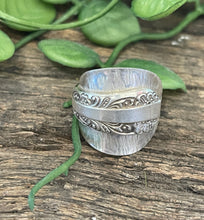 Load image into Gallery viewer, Stunning steampunk upcycled repurposed silver-plated ring made from vintage cutlery M Size R-R1/2 approx
