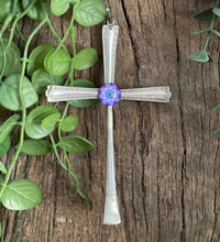 Load image into Gallery viewer, Beautiful crucifix cross hanging ornament made from upcycled silver plated cutlery &amp; glass cabouchon
