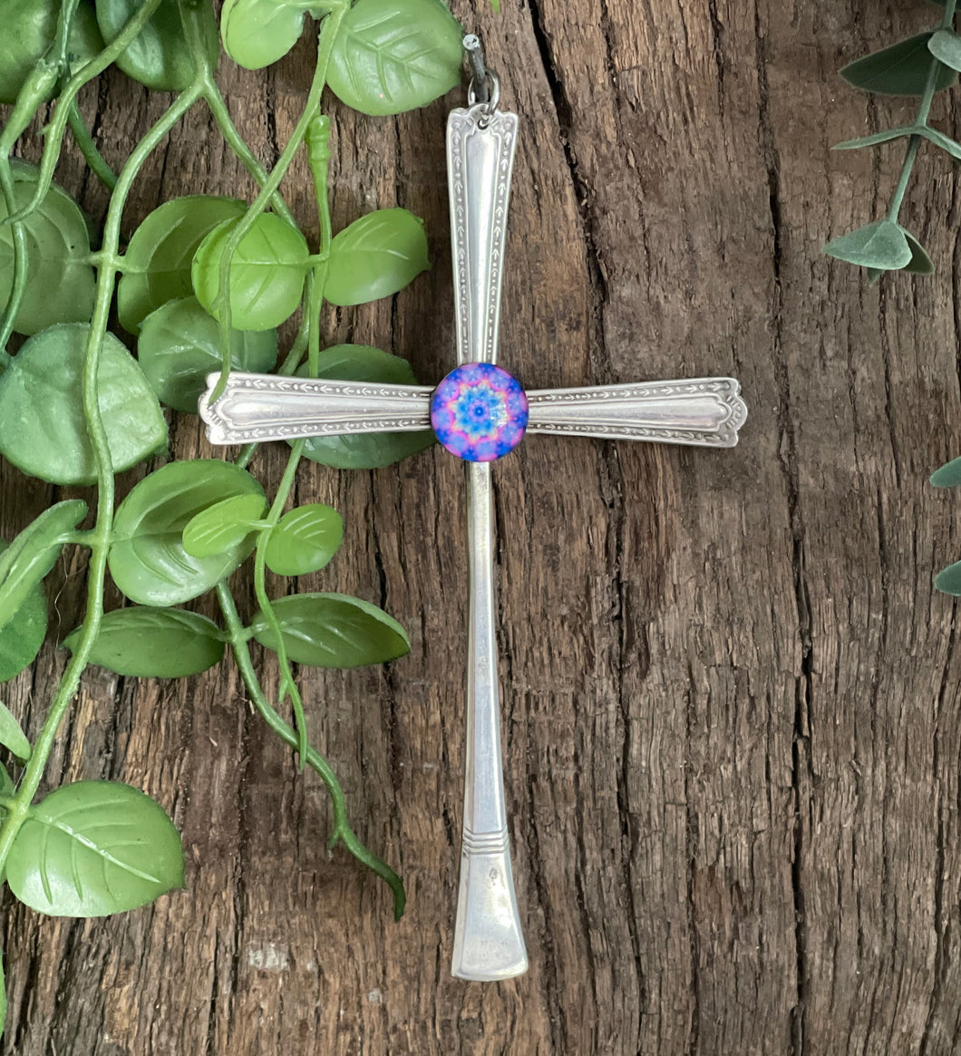 Beautiful crucifix cross hanging ornament made from upcycled silver plated cutlery & glass cabouchon