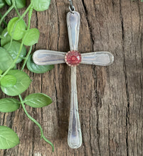 Load image into Gallery viewer, Beautiful crucifix cross hanging ornament made from upcycled silver plated cutlery &amp; glass cabouchon
