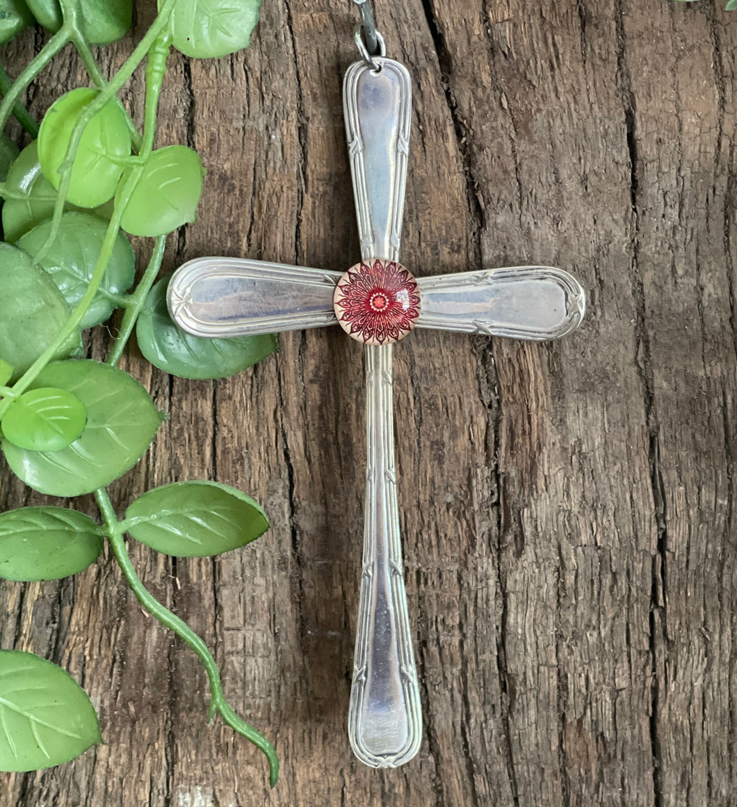 Beautiful crucifix cross hanging ornament made from upcycled silver plated cutlery & glass cabouchon