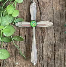 Load image into Gallery viewer, Beautiful crucifix cross hanging ornament made from upcycled silver plated cutlery &amp; glass cabouchon
