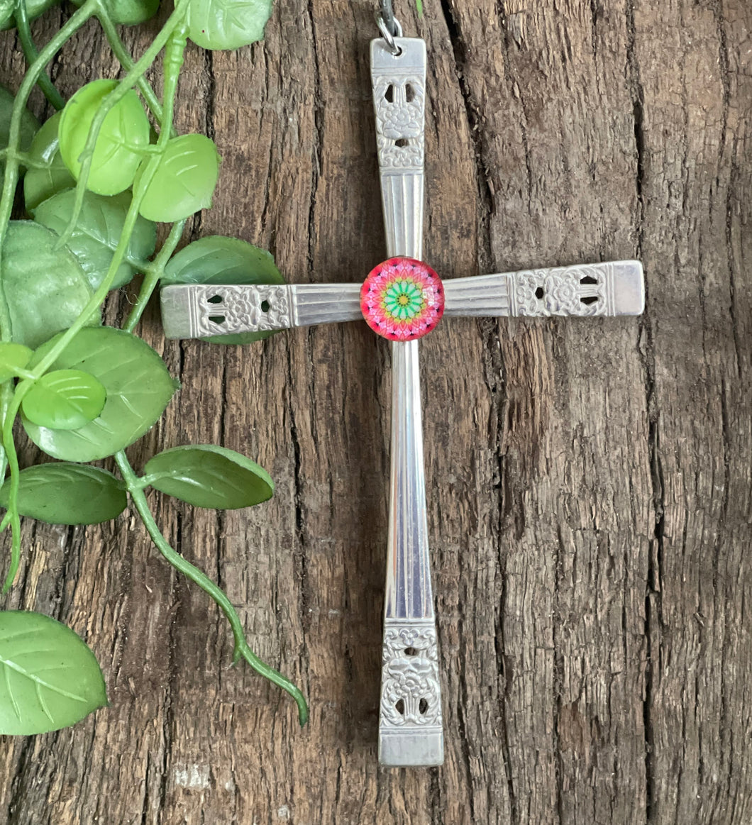 Beautiful crucifix cross hanging ornament made from upcycled silver plated cutlery & glass cabouchon