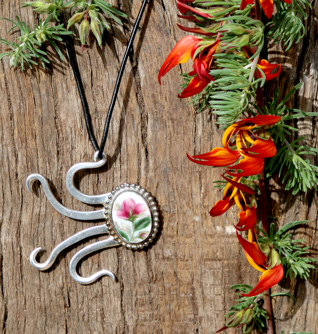 Stunning upcycled repurposed silver plated pendant necklace with vintage china floral detail