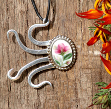 Load image into Gallery viewer, Stunning upcycled repurposed silver plated pendant necklace with vintage china floral detail

