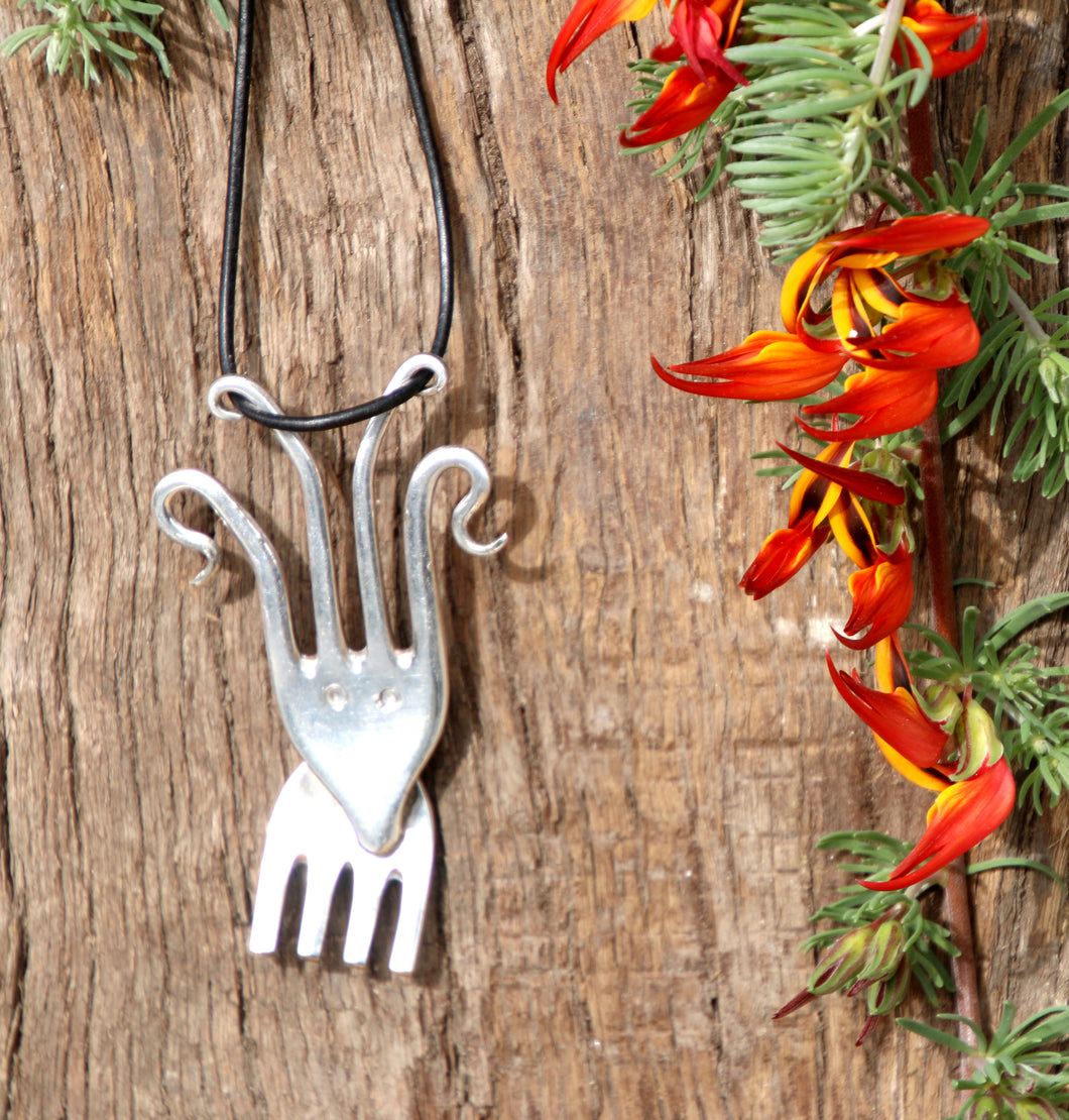 Unique deer or reindeer upcycled repurposed silver plated pendant necklace made from vintage forks