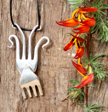 Load image into Gallery viewer, Unique deer or reindeer upcycled repurposed silver plated pendant necklace made from vintage forks
