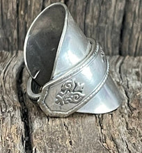 Load image into Gallery viewer, Eyecatching steampunk upcycled repurposed silver plated ring made from vintage spoon approx size Y Z

