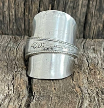 Load image into Gallery viewer, Eyecatching steampunk upcycled repurposed silver plated ring made from vintage spoon approx size Y Z
