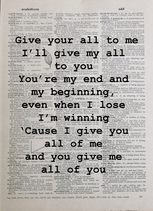 John Legend All Of Me personalised customisable song lyrics vintage dictionary print