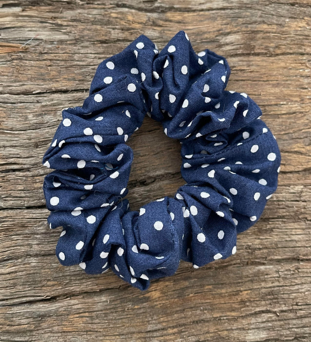 Gorgeous upcycled navy blue & white polka dot chiffon elasticated hair tie fabric scrunchie