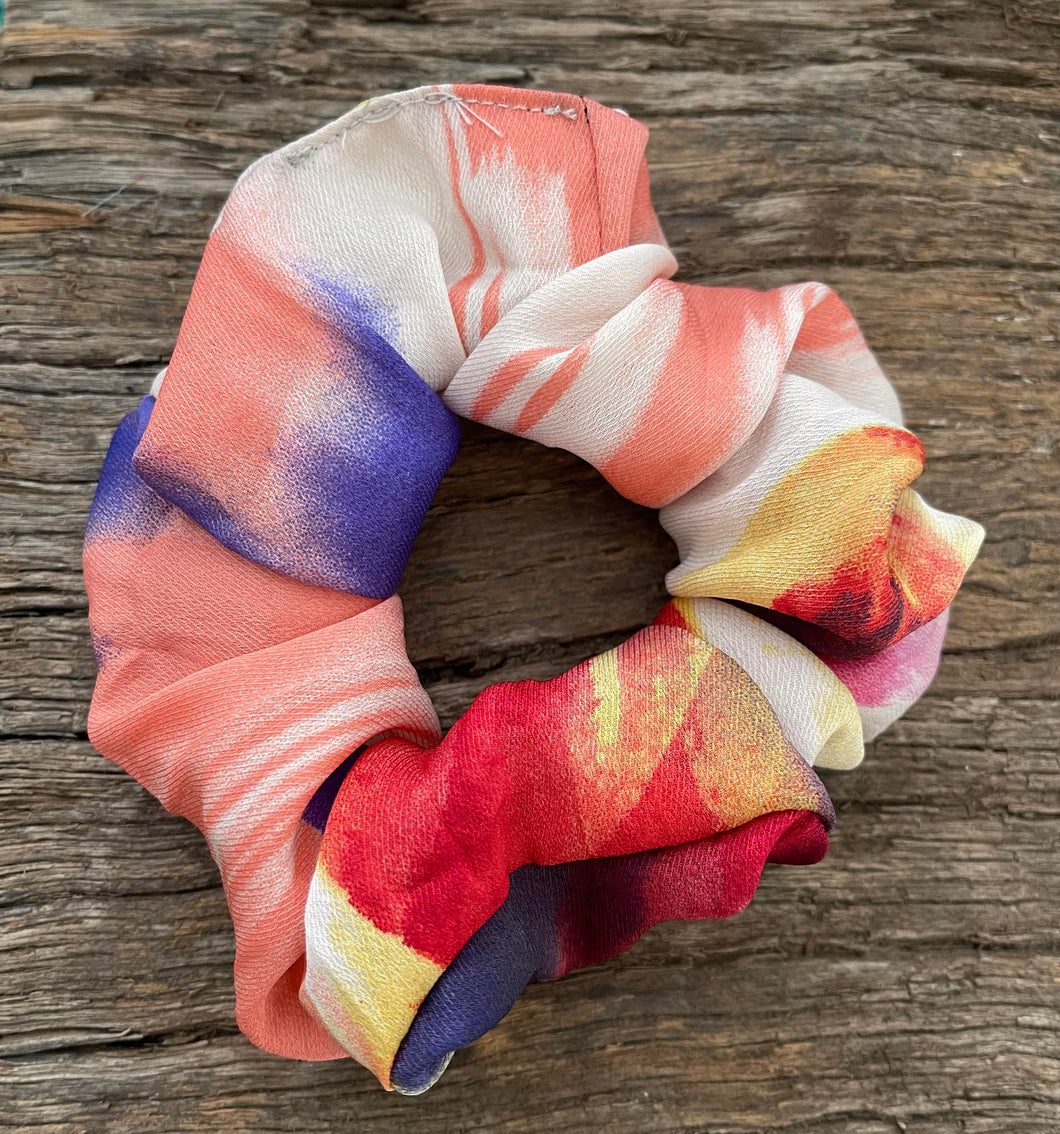 Gorgeous upcycled rainbow silky elasticated hair tie fabric scrunchie
