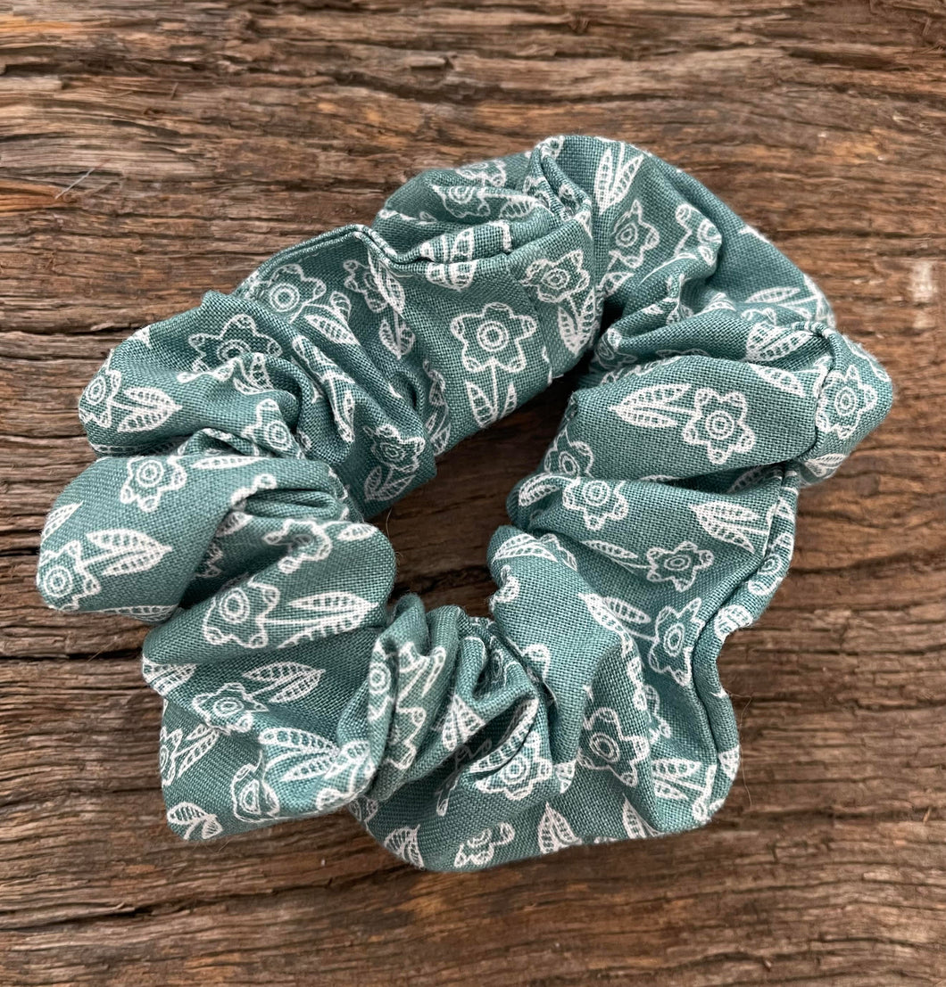 Gorgeous upcycled teal & white floral elasticated hair tie fabric scrunchie