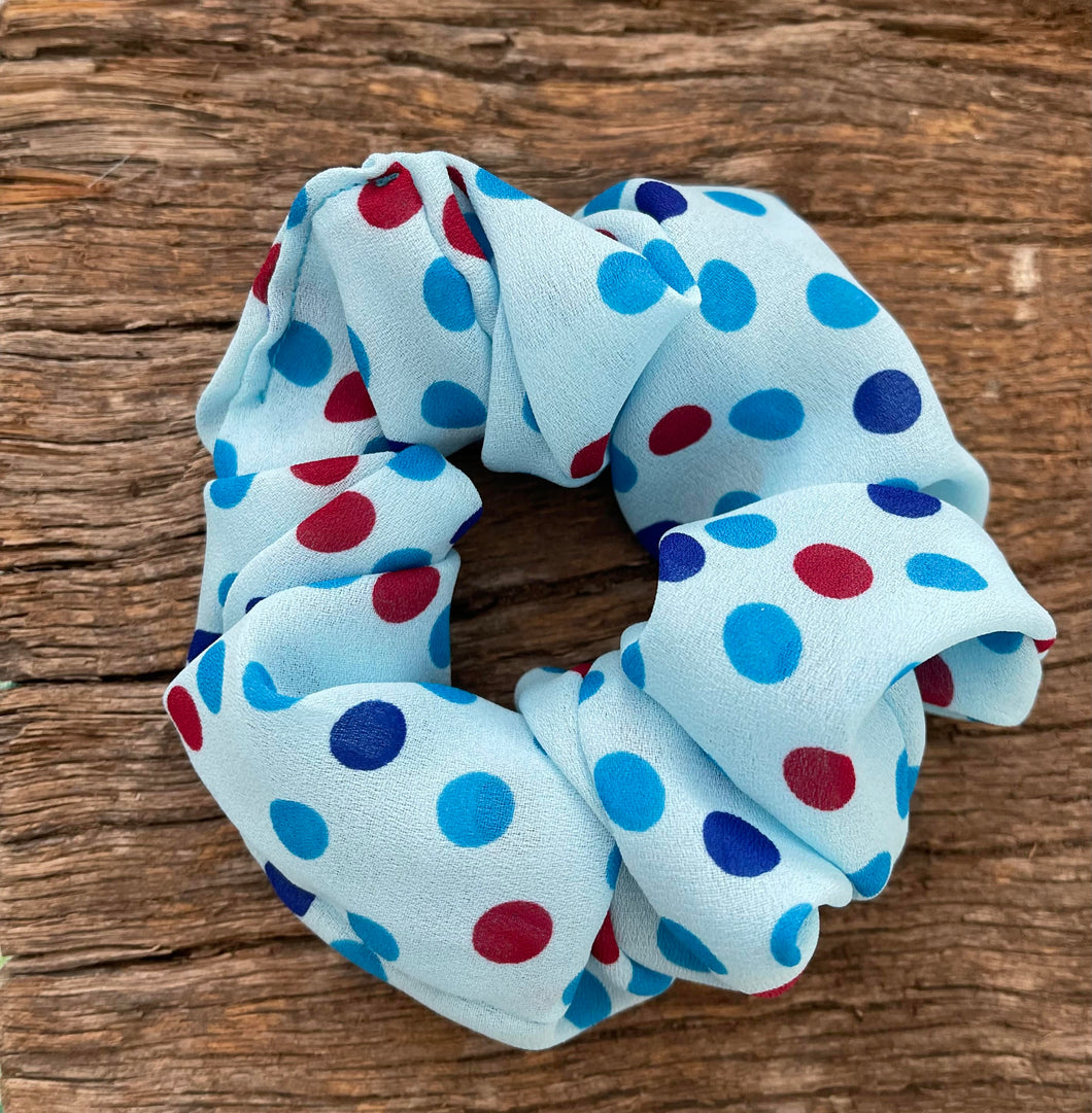 Gorgeous upcycled sky blue polka dot chiffon elasticated hair tie fabric scrunchie