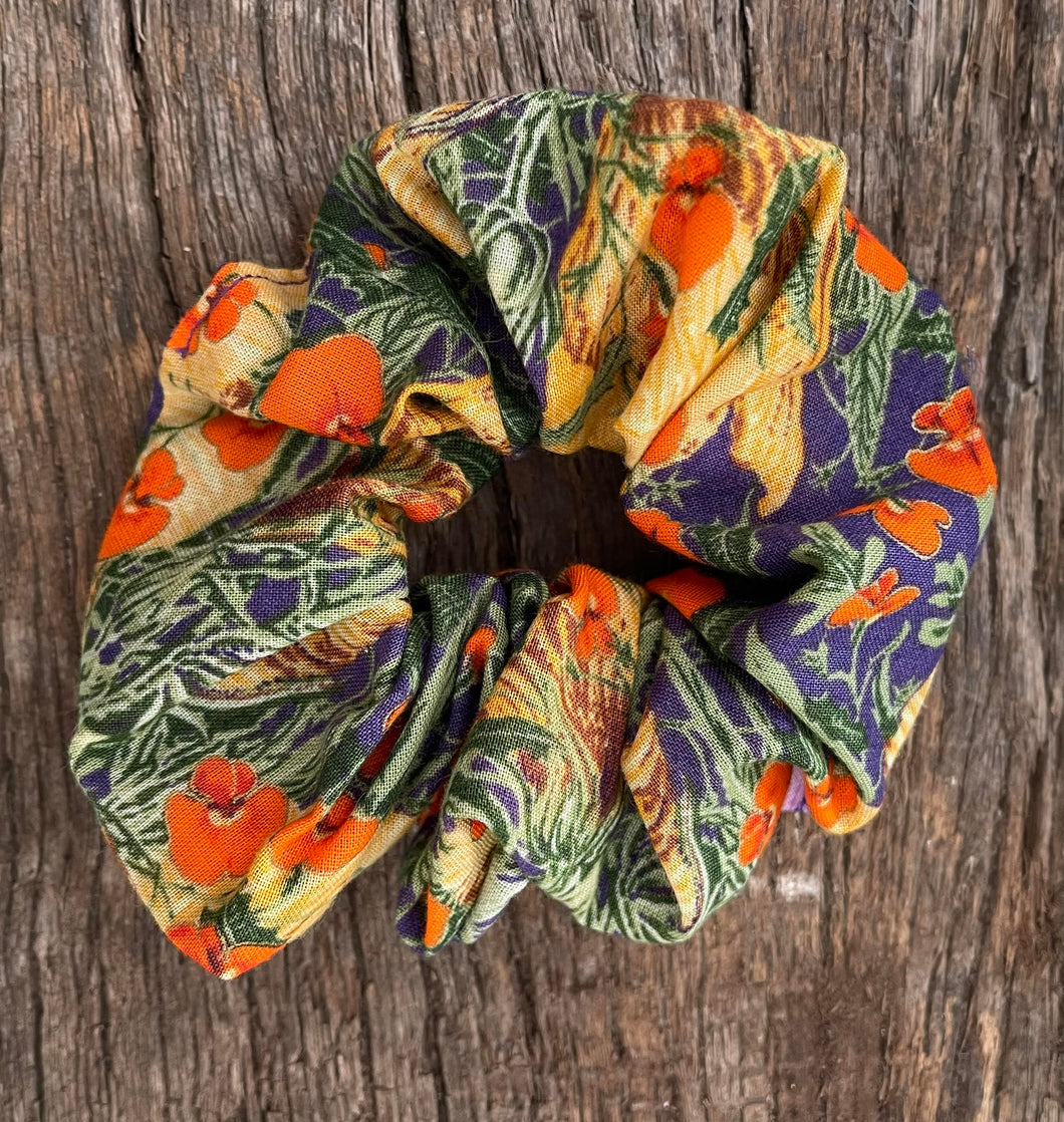 Gorgeous upcycled vibrant orange & purple elasticated hair tie fabric scrunchie
