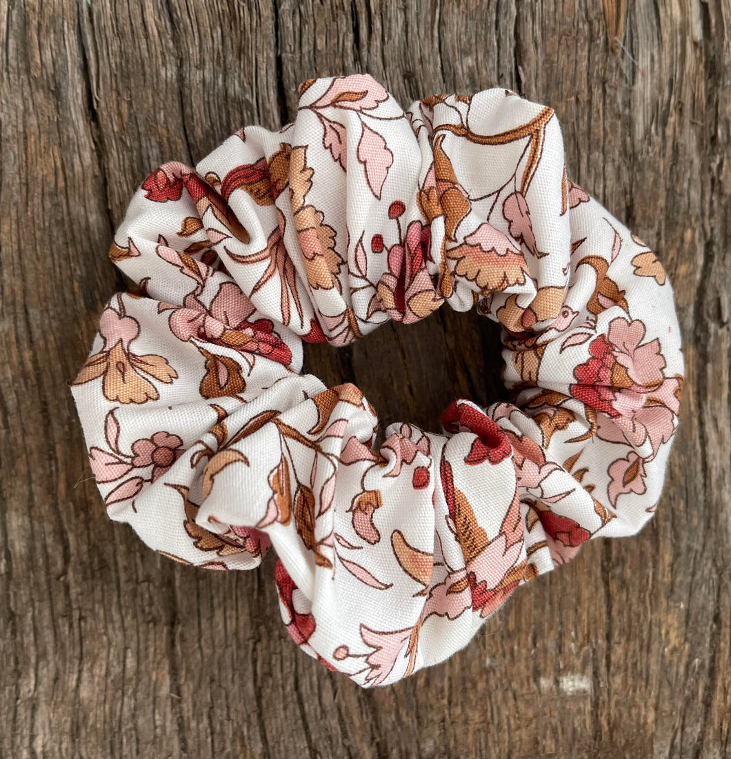 Gorgeous upcycled white & brown floral elasticated hair tie fabric scrunchie