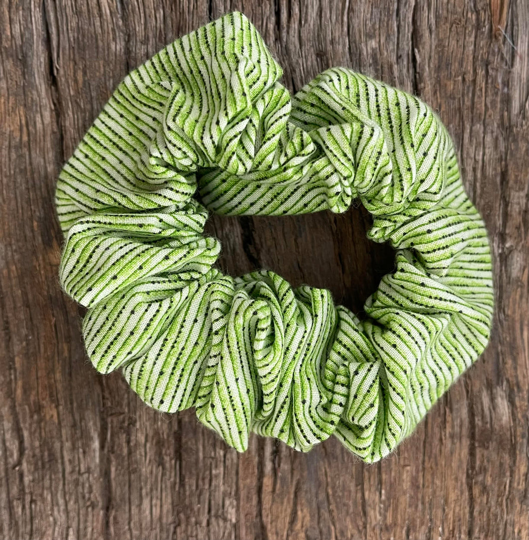 Gorgeous upcycled green stripe floral elasticated hair tie fabric scrunchie